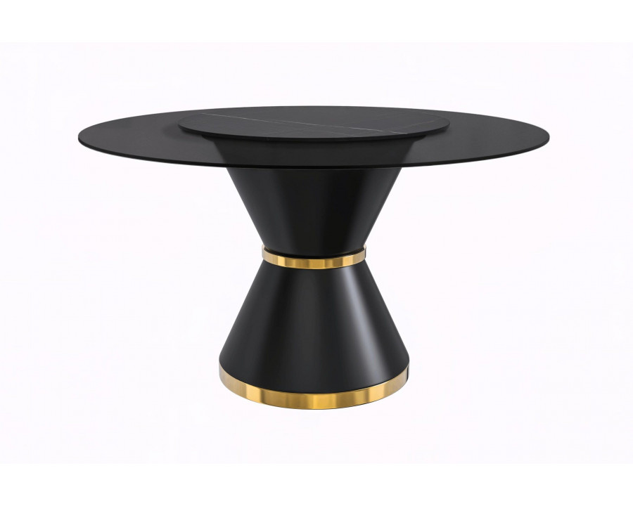 LeisureMod Qorvus Mid-Century Modern Round Dining Table with 60" Glass/Stone Top and Black/Gold Pedestal Base - Black