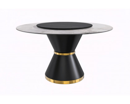 LeisureMod Qorvus Mid-Century Modern Round Dining Table with 60" Glass/Stone Top and Black/Gold Pedestal Base