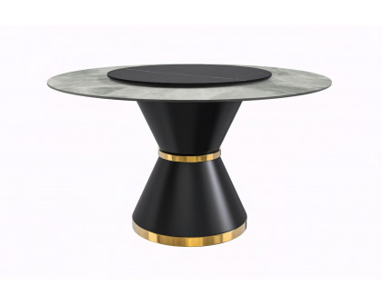 LeisureMod Qorvus Mid-Century Modern Round Dining Table with 60" Glass/Stone Top and Black/Gold Pedestal Base