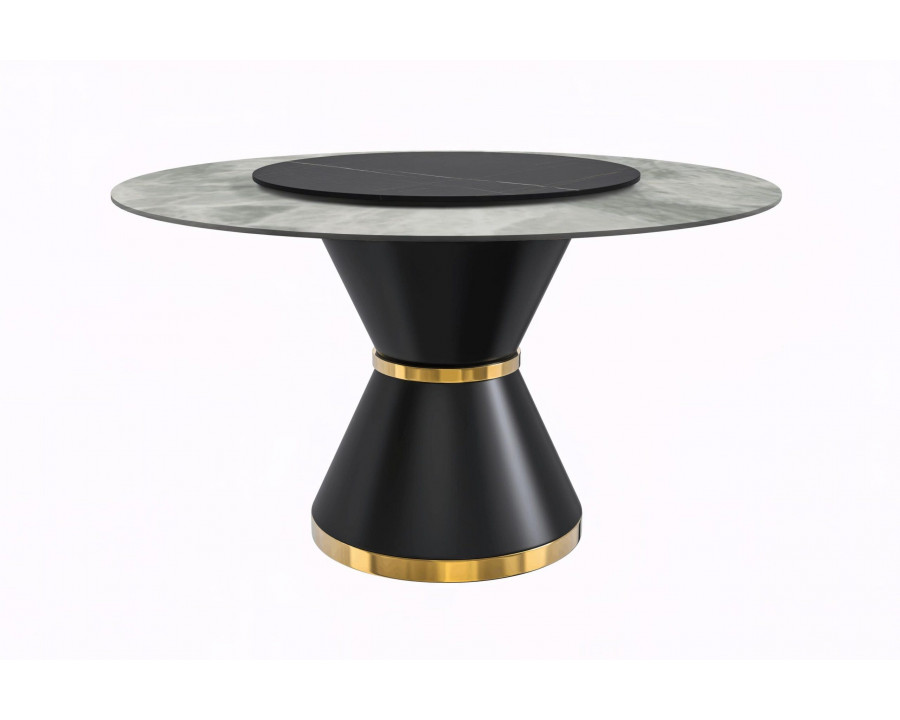 LeisureMod Qorvus Mid-Century Modern Round Dining Table with 60" Glass/Stone Top and Black/Gold Pedestal Base - Light Gray