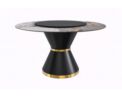 LeisureMod Qorvus Mid-Century Modern Round Dining Table with 60" Glass/Stone Top and Black/Gold Pedestal Base