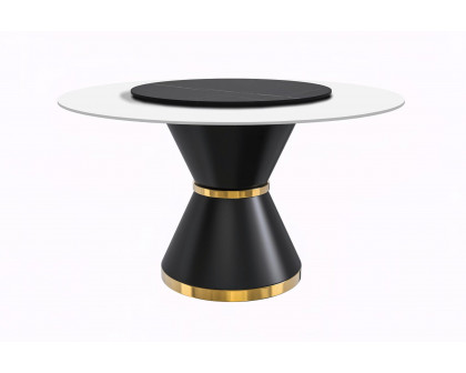 LeisureMod Qorvus Mid-Century Modern Round Dining Table with 60" Glass/Stone Top and Black/Gold Pedestal Base