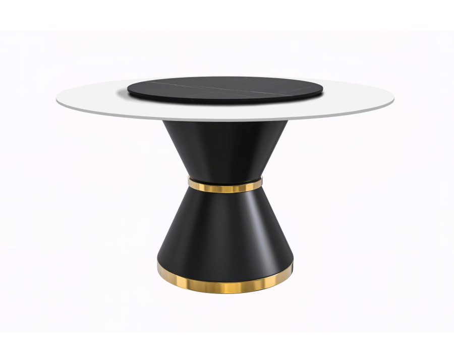 LeisureMod Qorvus Mid-Century Modern Round Dining Table with 60" Glass/Stone Top and Black/Gold Pedestal Base - Solid White