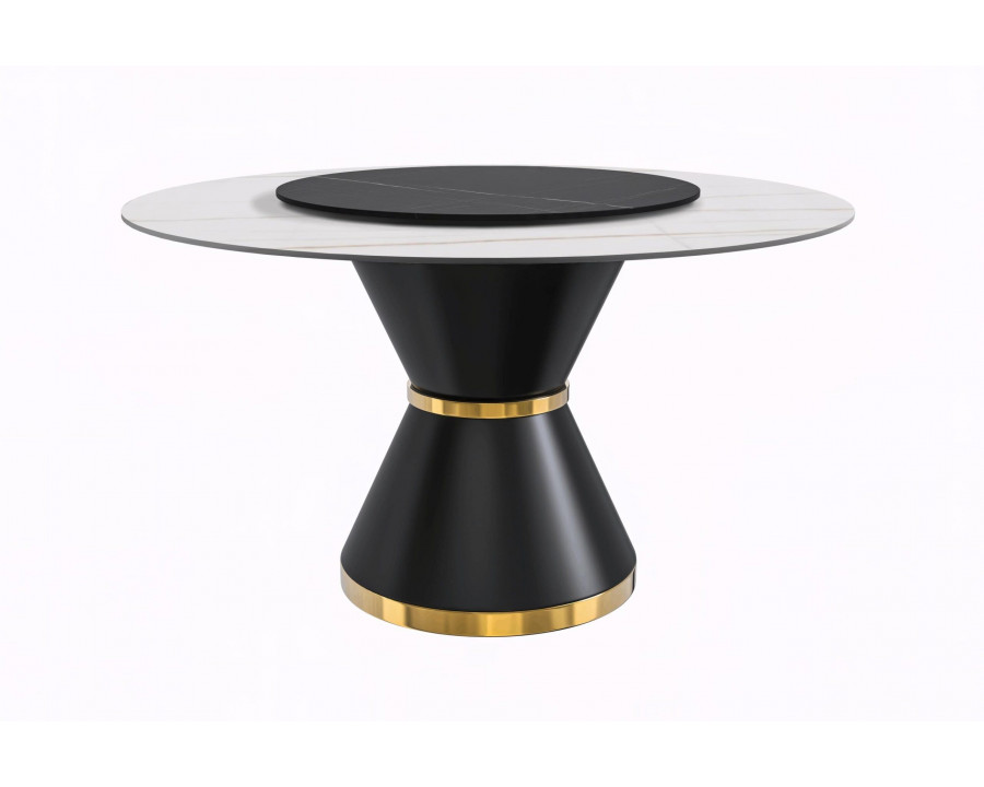 LeisureMod Qorvus Mid-Century Modern Round Dining Table with 60" Glass/Stone Top and Black/Gold Pedestal Base - White/Gold