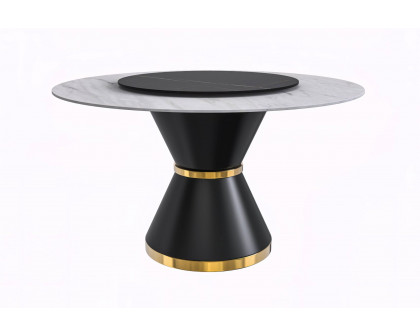 LeisureMod Qorvus Mid-Century Modern Round Dining Table with 60" Glass/Stone Top and Black/Gold Pedestal Base