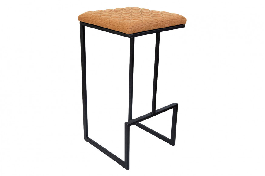 LeisureMod™ Quincy Quilted Stitched Leather Bar Stools with Black Metal Frame - Light Brown