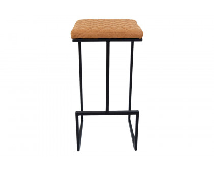 LeisureMod™ Quincy Quilted Stitched Leather Bar Stools with Black Metal Frame - Light Brown