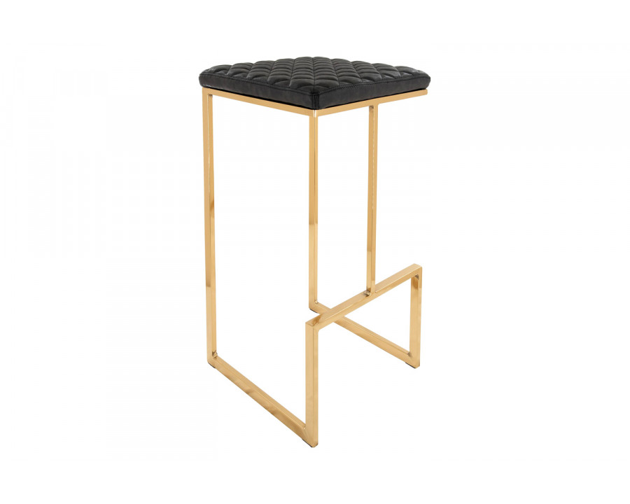 LeisureMod Quincy Quilted Stitched Leather Bar Stools with Gold Metal Frame - Charcoal/Black