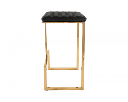 LeisureMod™ Quincy Quilted Stitched Leather Bar Stools with Gold Metal Frame - Charcoal/Black