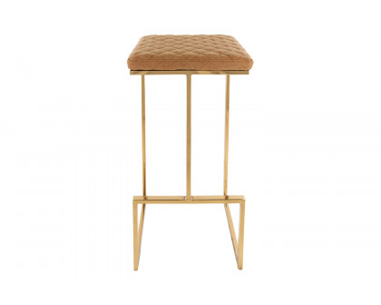 LeisureMod™ Quincy Quilted Stitched Leather Bar Stools with Gold Metal Frame - Light Brown