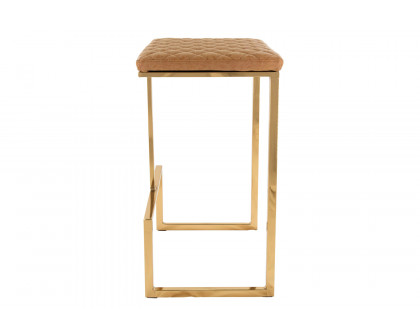 LeisureMod™ Quincy Quilted Stitched Leather Bar Stools with Gold Metal Frame - Light Brown