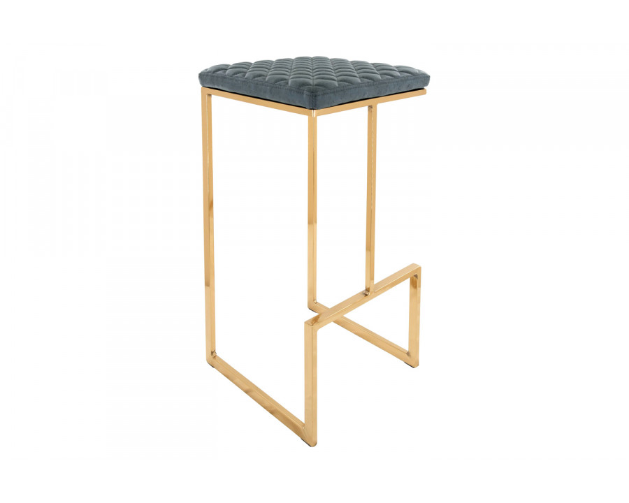 LeisureMod Quincy Quilted Stitched Leather Bar Stools with Gold Metal Frame - Peacock/Blue