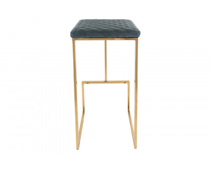 LeisureMod Quincy Quilted Stitched Leather Bar Stools with Gold Metal Frame - Peacock/Blue