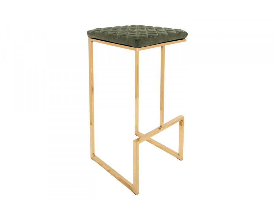 LeisureMod Quincy Quilted Stitched Leather Bar Stools with Gold Metal Frame - Olive Green