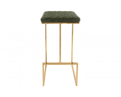 LeisureMod Quincy Quilted Stitched Leather Bar Stools with Gold Metal Frame - Olive Green