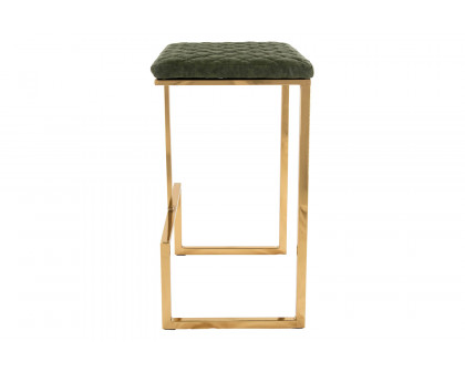 LeisureMod Quincy Quilted Stitched Leather Bar Stools with Gold Metal Frame - Olive Green