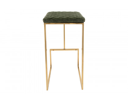 LeisureMod Quincy Quilted Stitched Leather Bar Stools with Gold Metal Frame - Olive Green