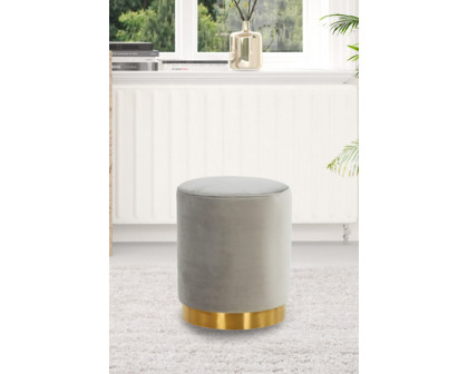 LeisureMod Remmey 16" Round Velvet Ottoman with Gold Base - Light Gray