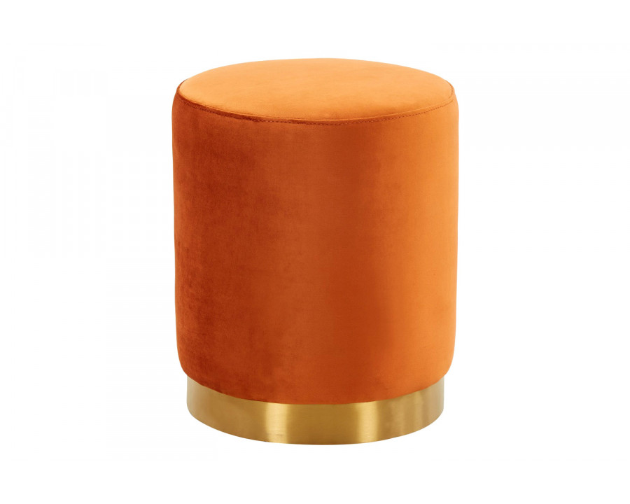 LeisureMod Remmey 16" Round Velvet Ottoman with Gold Base - Orange/Marmalade