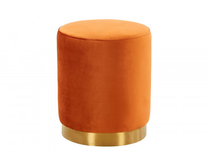 LeisureMod Remmey 16" Round Velvet Ottoman with Gold Base - Orange/Marmalade