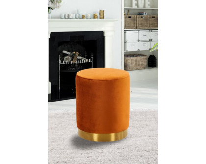 LeisureMod Remmey 16" Round Velvet Ottoman with Gold Base - Orange/Marmalade