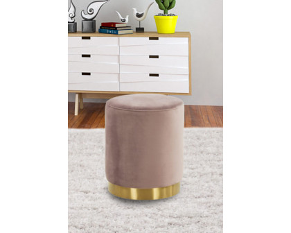 LeisureMod Remmey 16" Round Velvet Ottoman with Gold Base - Pink