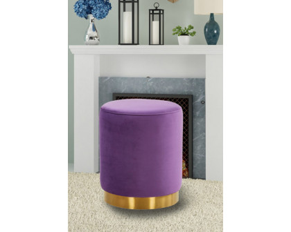 LeisureMod™ Remmey 16" Round Velvet Ottoman with Gold Base - Purple