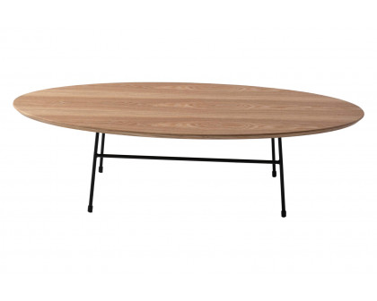 LeisureMod Rossmore Oval Coffee Table Black Powder Coated Steel Frame - Natural Wood