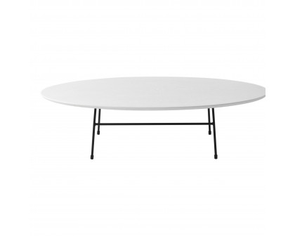 LeisureMod Rossmore Oval Coffee Table Black Powder Coated Steel Frame - White