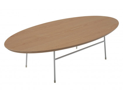 LeisureMod Rossmore Oval Coffee Table White Powder Coated Steel Frame - Natural Wood