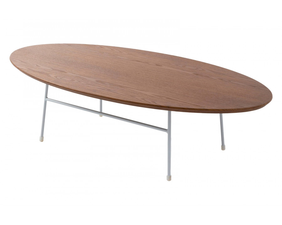 LeisureMod Rossmore Oval Coffee Table White Powder Coated Steel Frame - Walnut