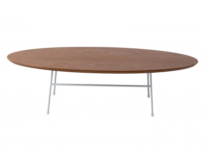 LeisureMod Rossmore Oval Coffee Table White Powder Coated Steel Frame - Walnut