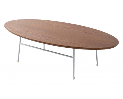 LeisureMod Rossmore Oval Coffee Table White Powder Coated Steel Frame - Walnut