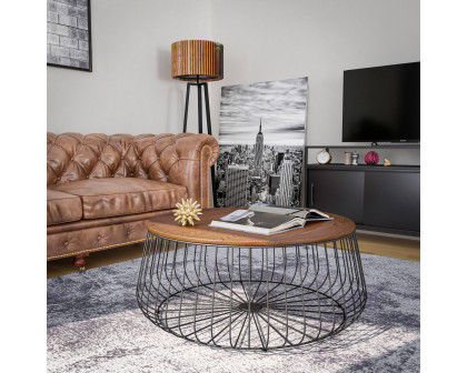 LeisureMod Runswick Modern Wood Top Coffee Table With Metal Base