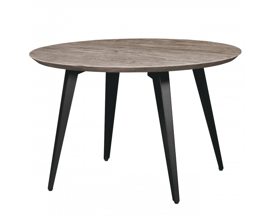 LeisureMod Ravenna Modern 47" Round Wood Dining Table with Metal Legs - Weathered Oak