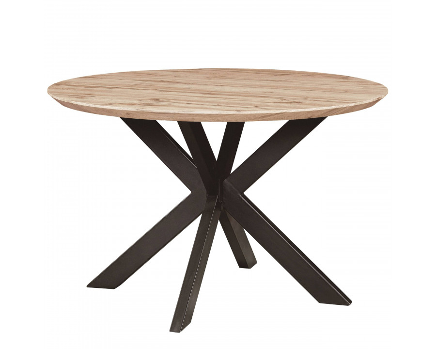 LeisureMod Ravenna 47" Round Wood Dining Table with Modern Metal Base