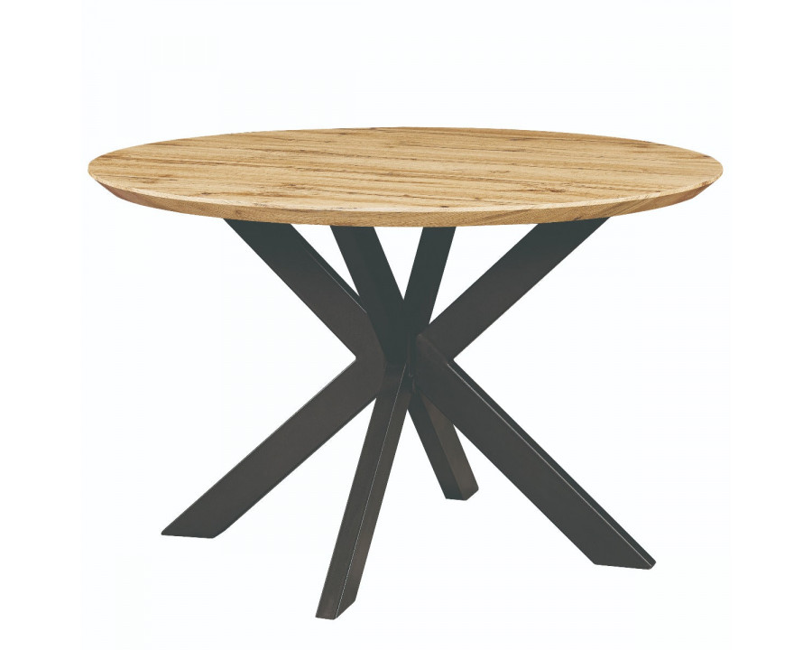 LeisureMod Ravenna 47" Round Wood Dining Table with Modern Metal Base - Natural Wood