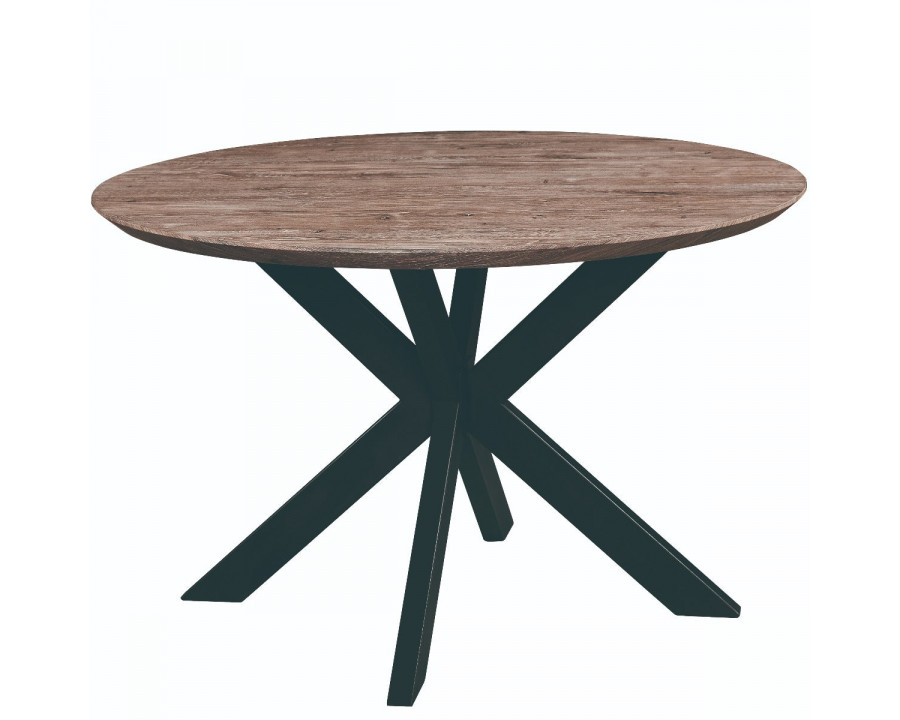 LeisureMod Ravenna 47" Round Wood Dining Table with Modern Metal Base - Rustic Gray