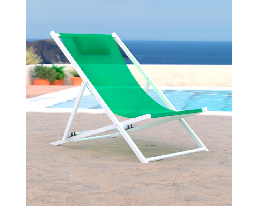 LeisureMod Sunset Outdoor Sling Lounge Chair With Headrest Cushion - Green