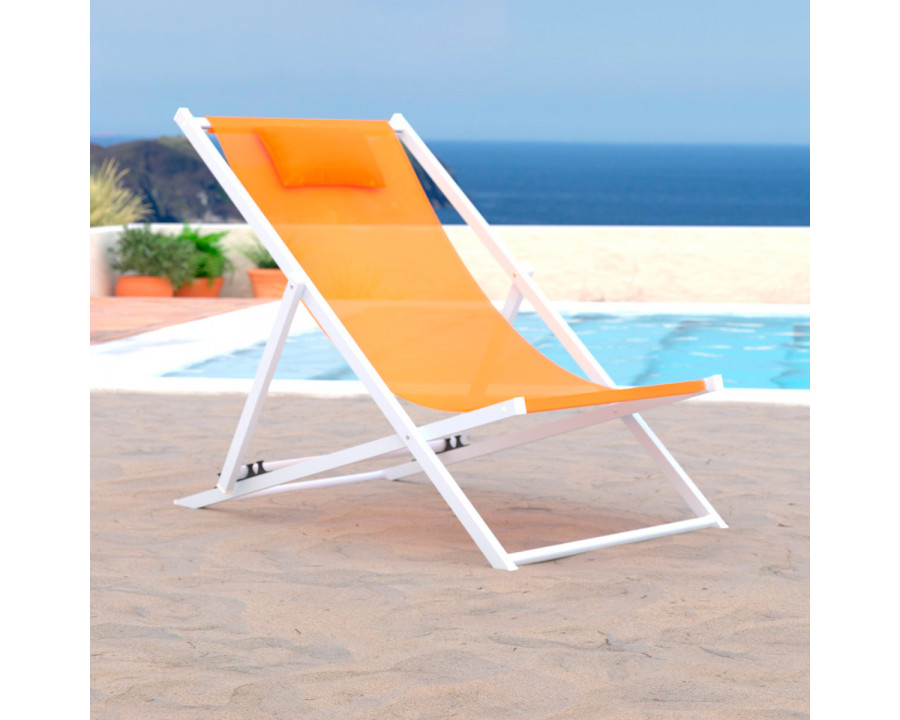 LeisureMod Sunset Outdoor Sling Lounge Chair With Headrest Cushion - Orange