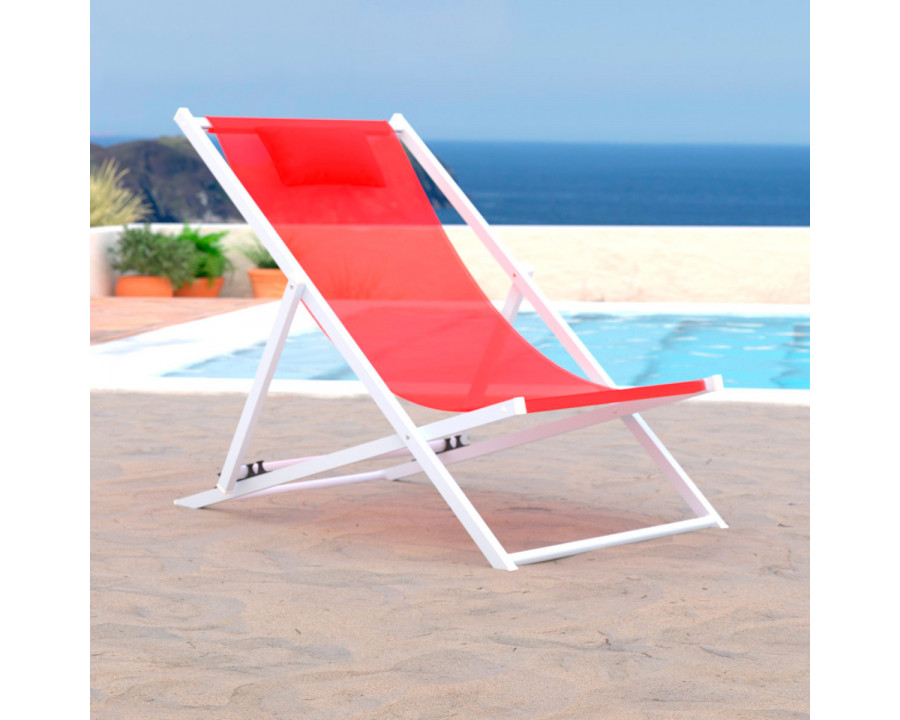 LeisureMod Sunset Outdoor Sling Lounge Chair With Headrest Cushion - Red