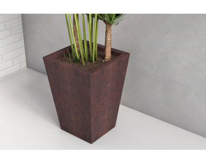 LeisureMod Serene Modern Fiberstone and Clay Planter - Tapered Square Plant Pot with Drainage Holes - Brown