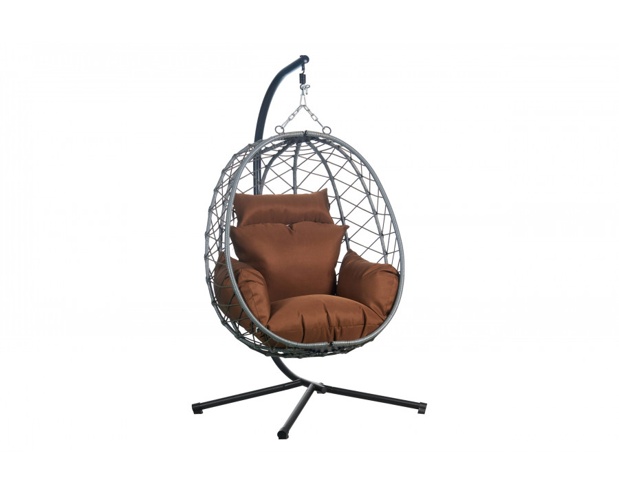 LeisureMod Summit Modern Outdoor Single Person Egg Swing Chair with Removable Cushions - Brown