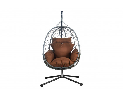 LeisureMod Summit Modern Outdoor Single Person Egg Swing Chair with Removable Cushions - Brown