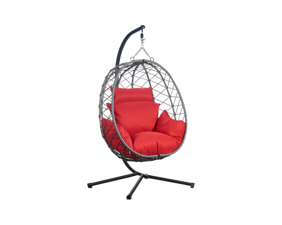 LeisureMod Summit Modern Outdoor Single Person Egg Swing Chair with Removable Cushions - Red