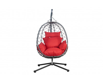 LeisureMod Summit Modern Outdoor Single Person Egg Swing Chair with Removable Cushions - Red