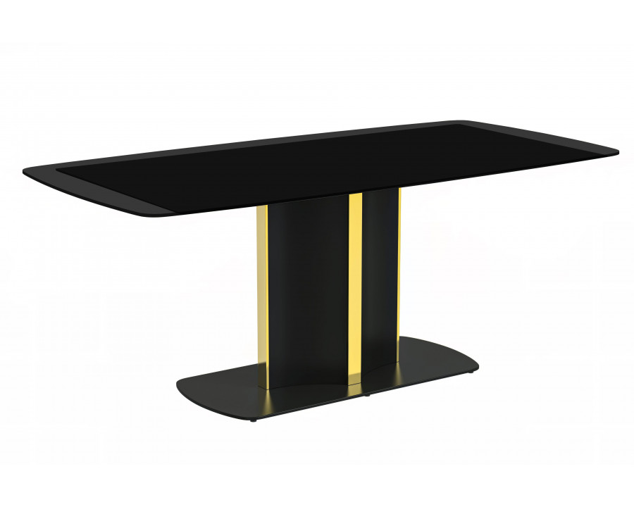 LeisureMod Sylva Modern 55" Rectangular Dining Table with Glass Top and Gold Steel Pedestal Base - Black