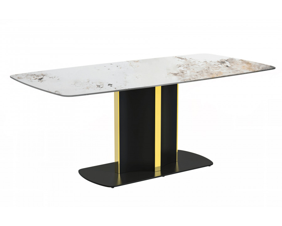 LeisureMod Sylva Modern 55" Rectangular Dining Table with Sintered Stone Top and Gold Steel Pedestal Base - White Gray