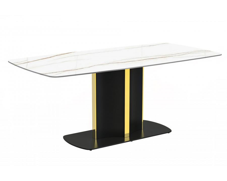 LeisureMod Sylva Modern 55" Rectangular Dining Table with Sintered Stone Top and Gold Steel Pedestal Base - White/Gold