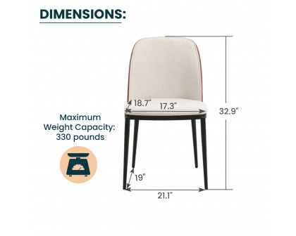 LeisureMod Tule Mid-Century Modern Dining Side Chair with Powder-Coated Steel Frame - Walnut/Beige